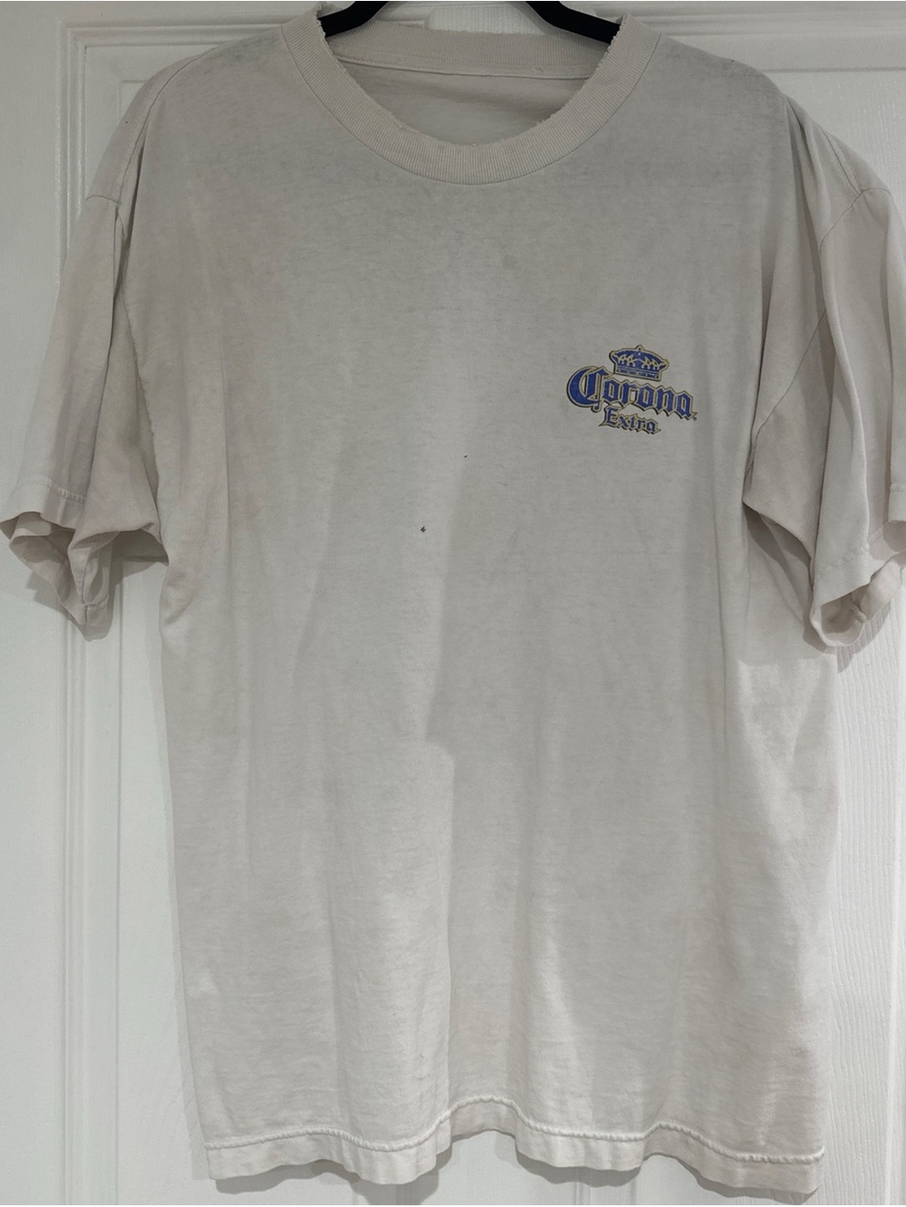 Corona White Short Sleeve Logo Tee with Blue Accent